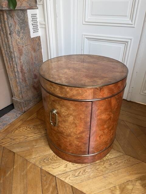 Drum side table in wood burl with door