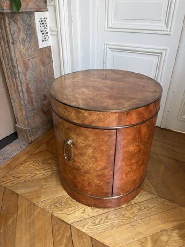 Table d'appoint tambour en loupe de bois avec porte