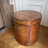 Drum side table in wood burl with door