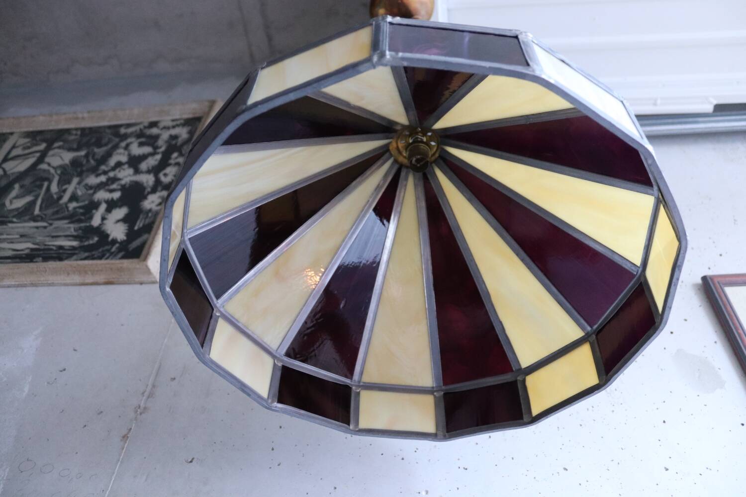Large cream and purple tiffany style art deco pendant light