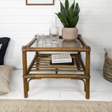 Table basse en bambou marron foncé plateau en verre Mid Century Vintage Rattan Skandi Boho Danish De