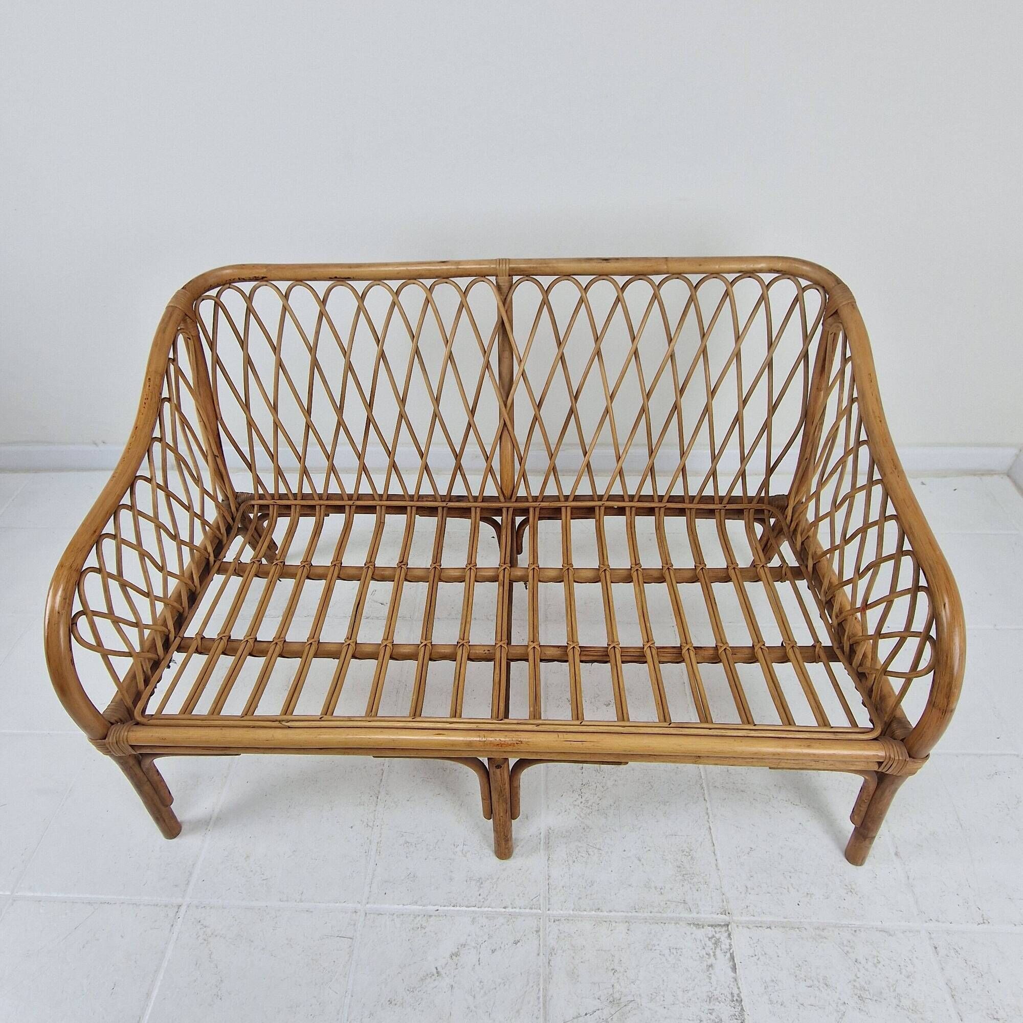 Mid-Century Italian Rattan & Bamboo Settee, ca. 1970