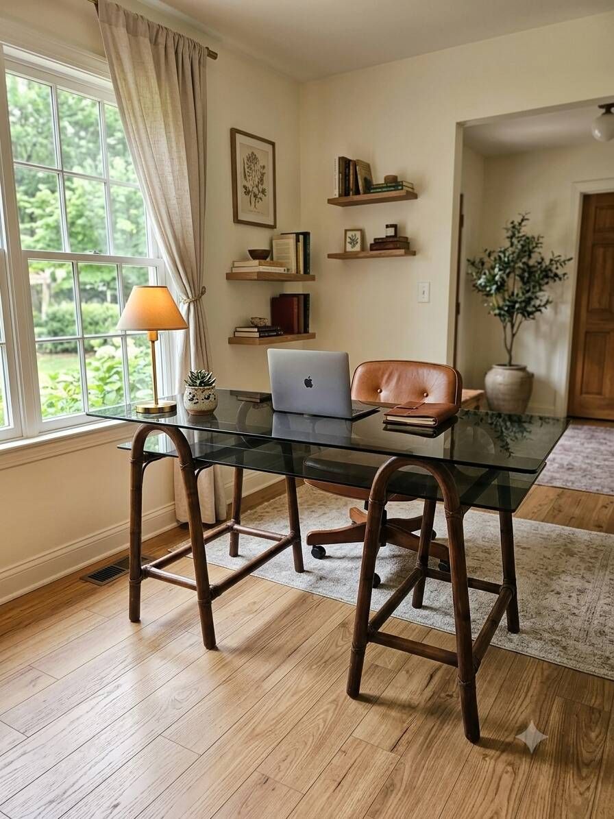 Bureau en rotin double plateau en verre fumé, années 70.
