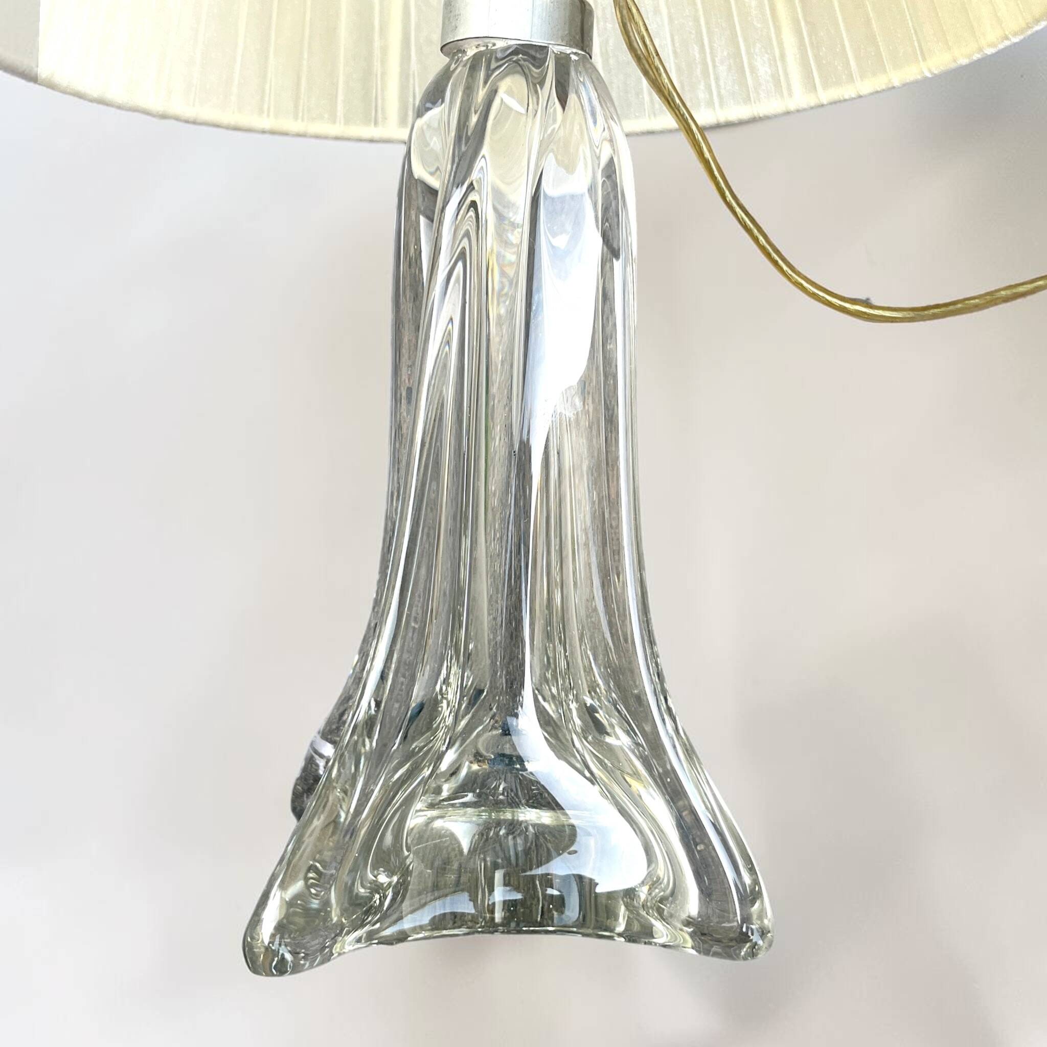 vintage crystal lamp base from the 1960s with a white ribbon shade