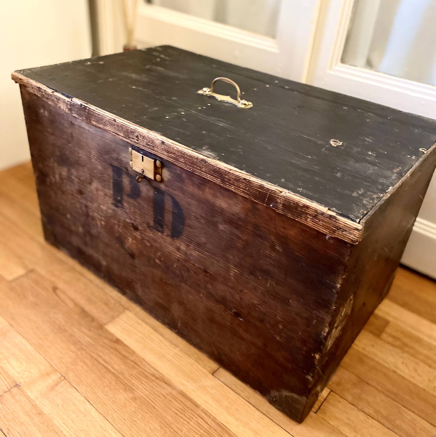Old wooden trunk chest, vintage flat top