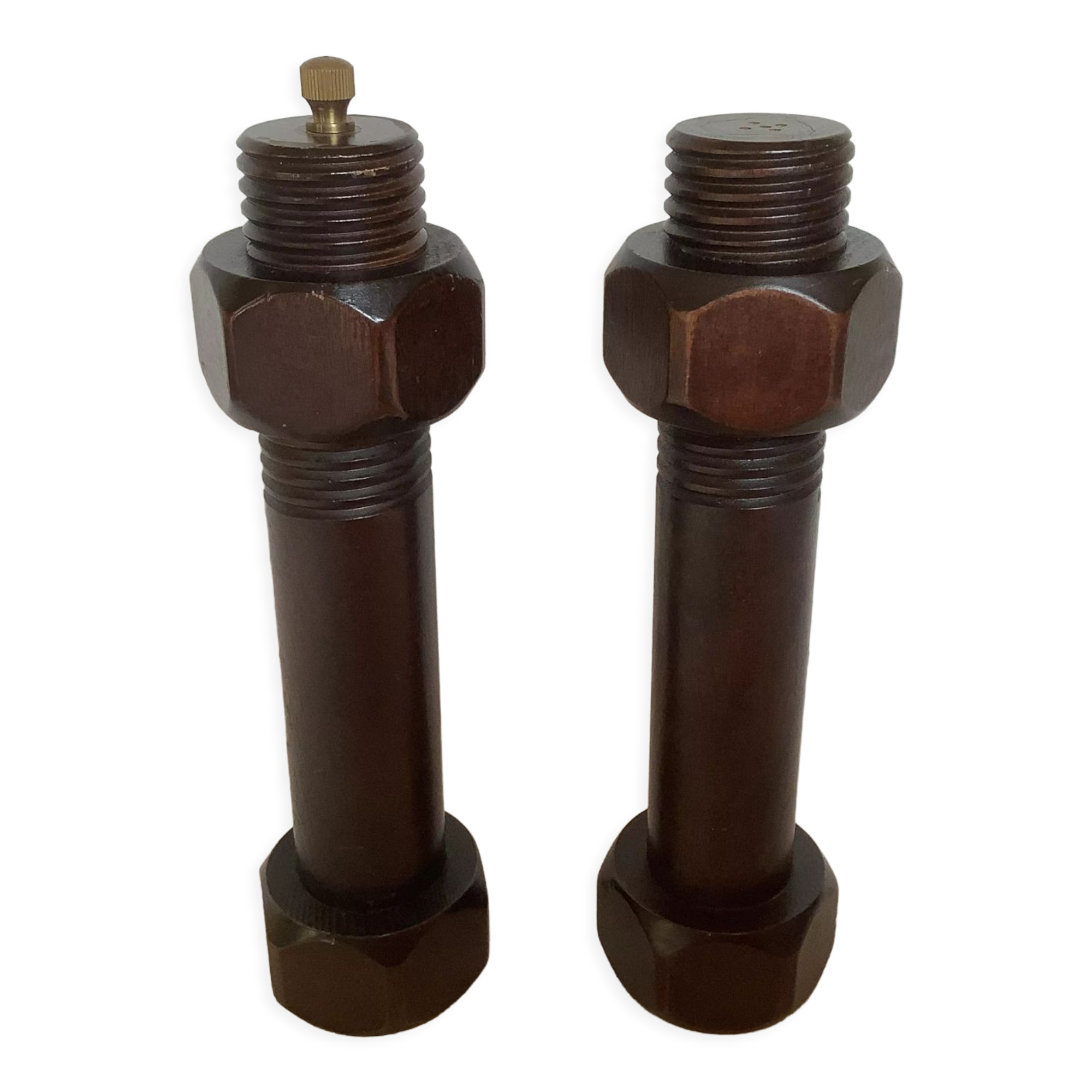 Wooden salt shaker and pepper screw-shaped nut salt and brutalist pepper