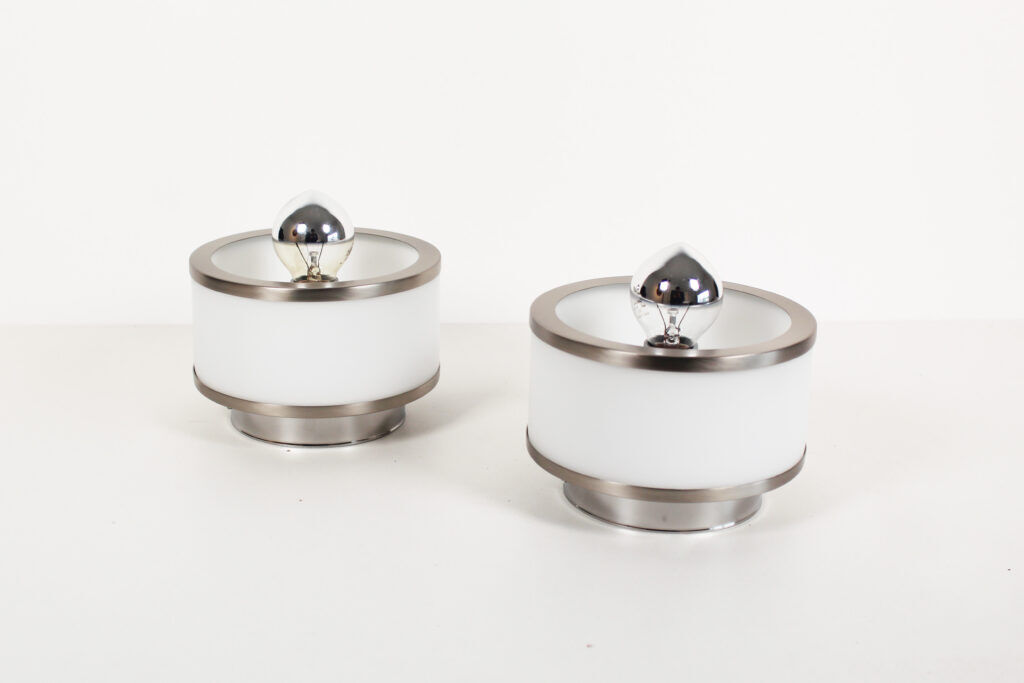 Pair of vintage 1980’s opaline glass and brushed chrome wall lights