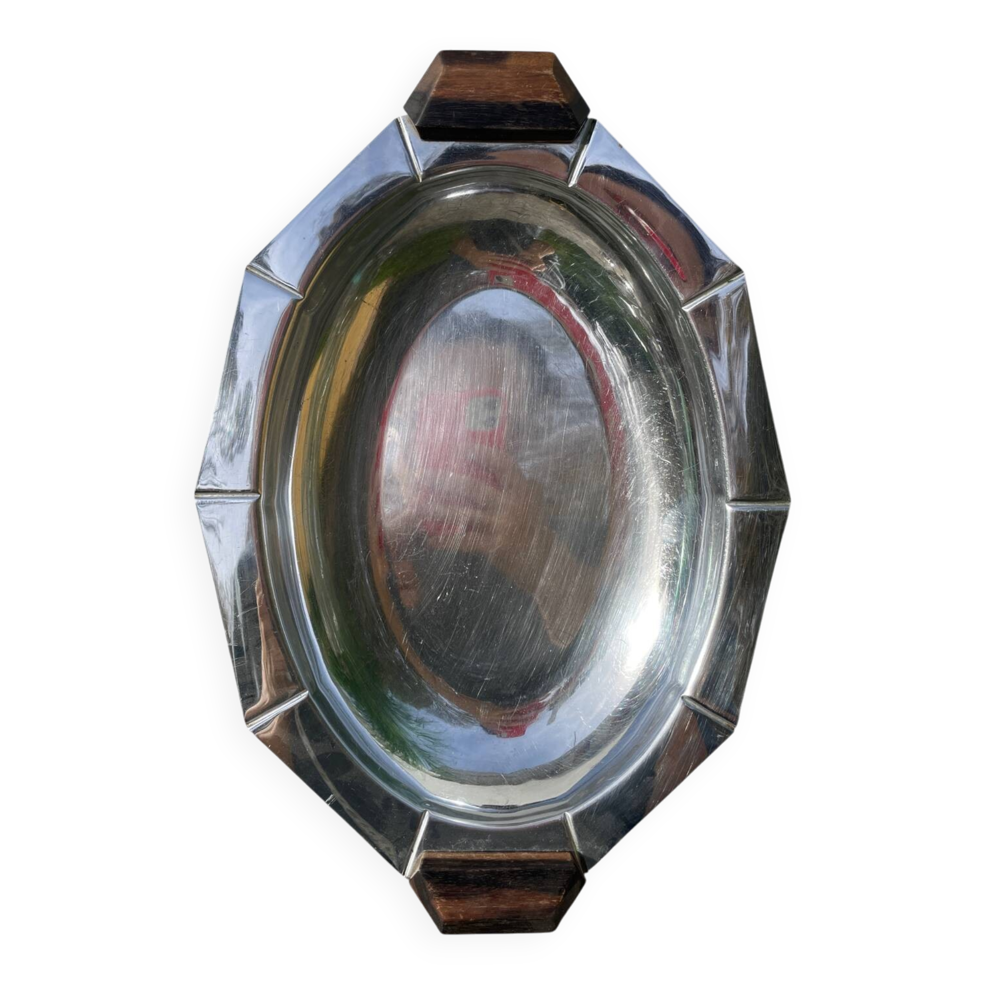 Art Deco silver-plated metal and wood dish