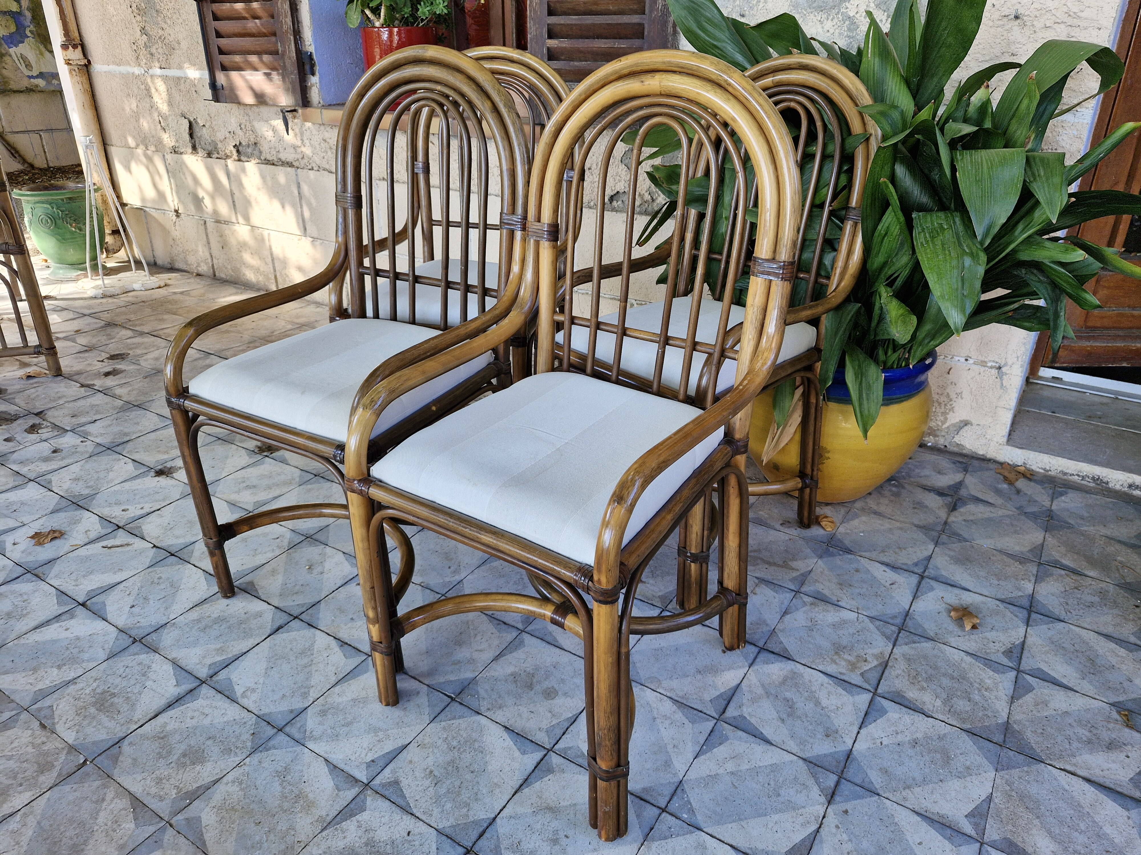 4 vintage 70s bamboo armchairs in the Maugrion Roche Bobois style