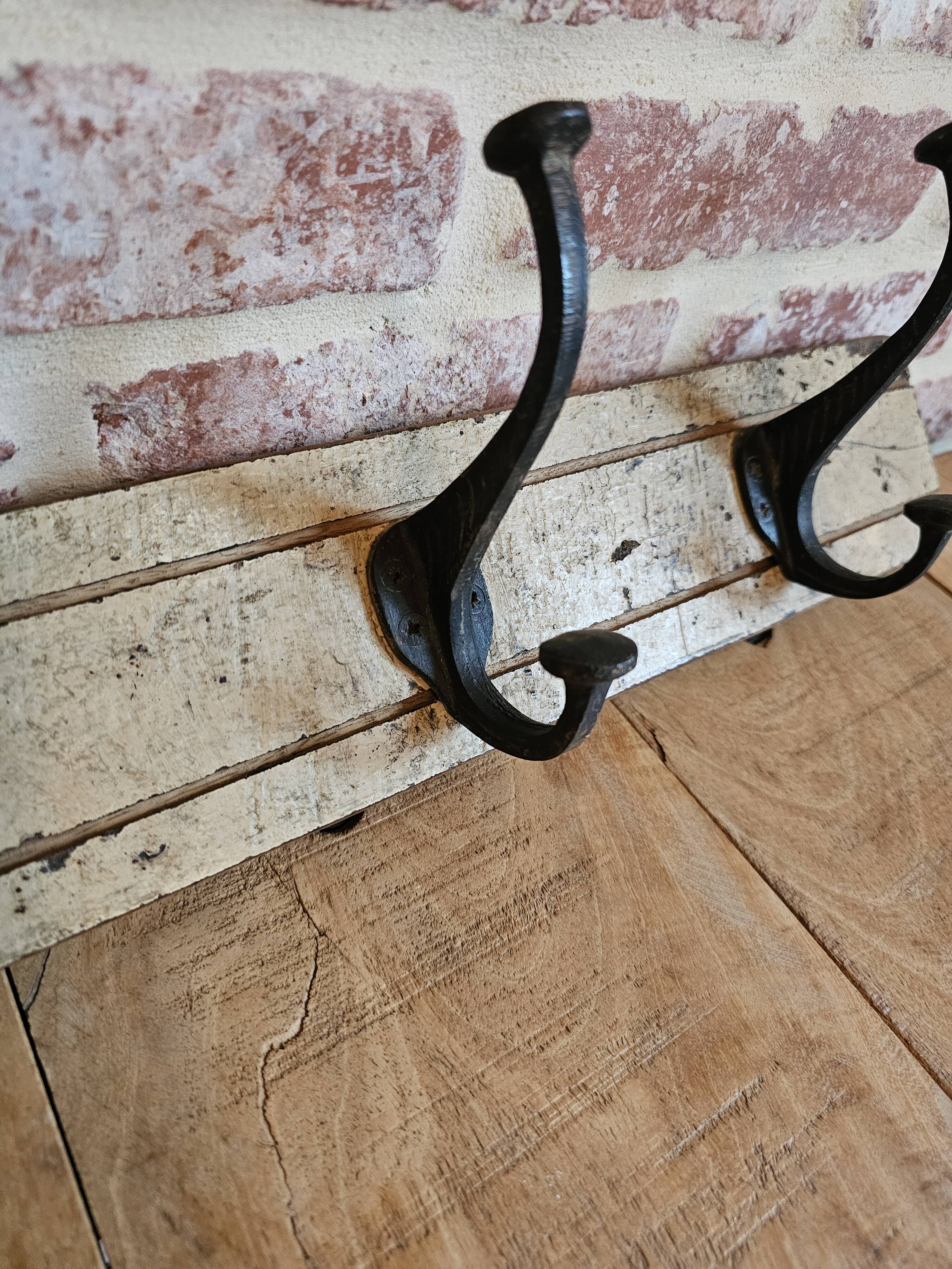 Solid teak coat hook with 4 double cast iron hooks