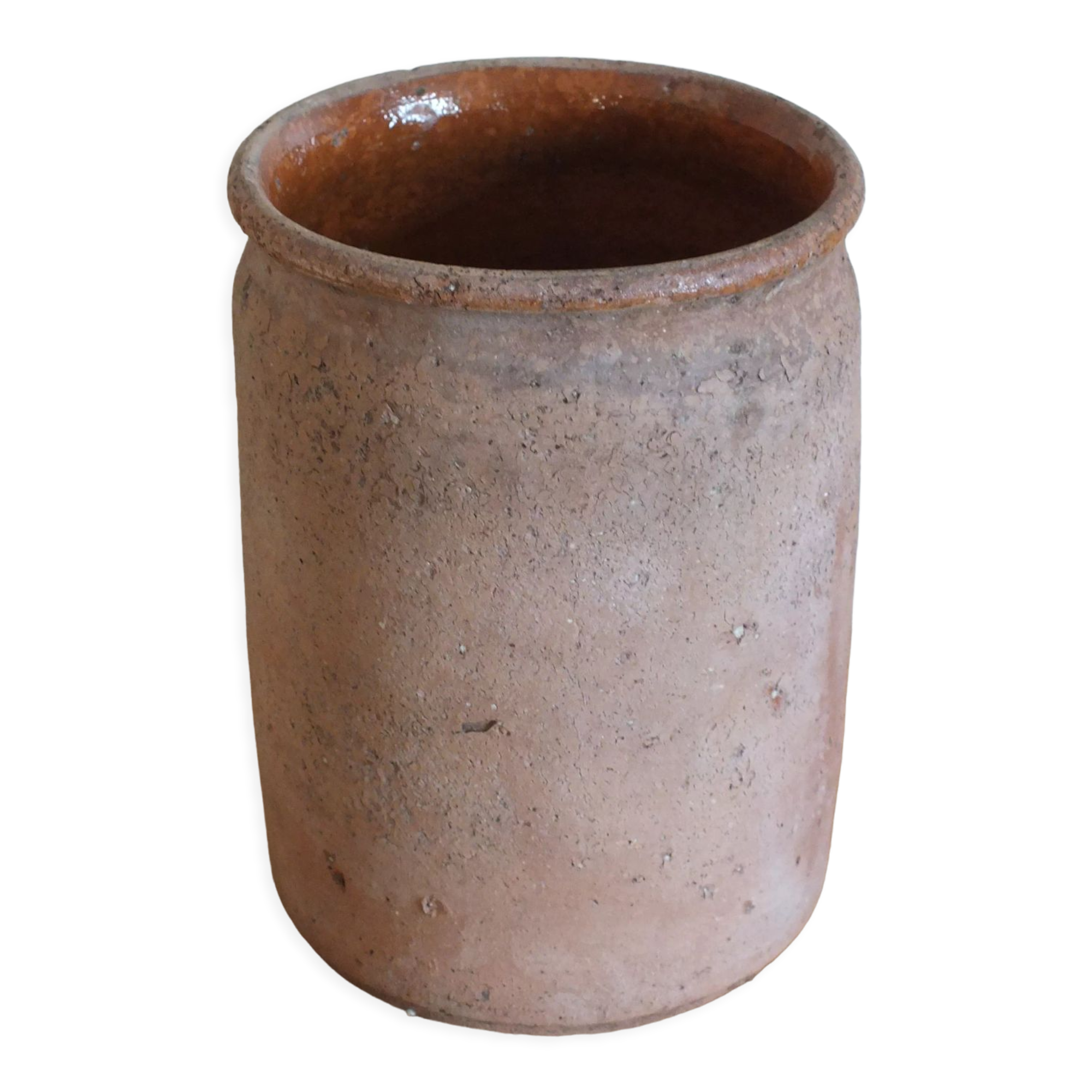 Ancien pot à graisse ou à miel en terre vernissée ocre
