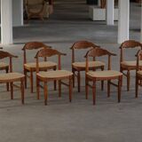 Henning Kjærnulf, set of 8 oak chairs with jute fabric, mid-century Danish, 1960s.