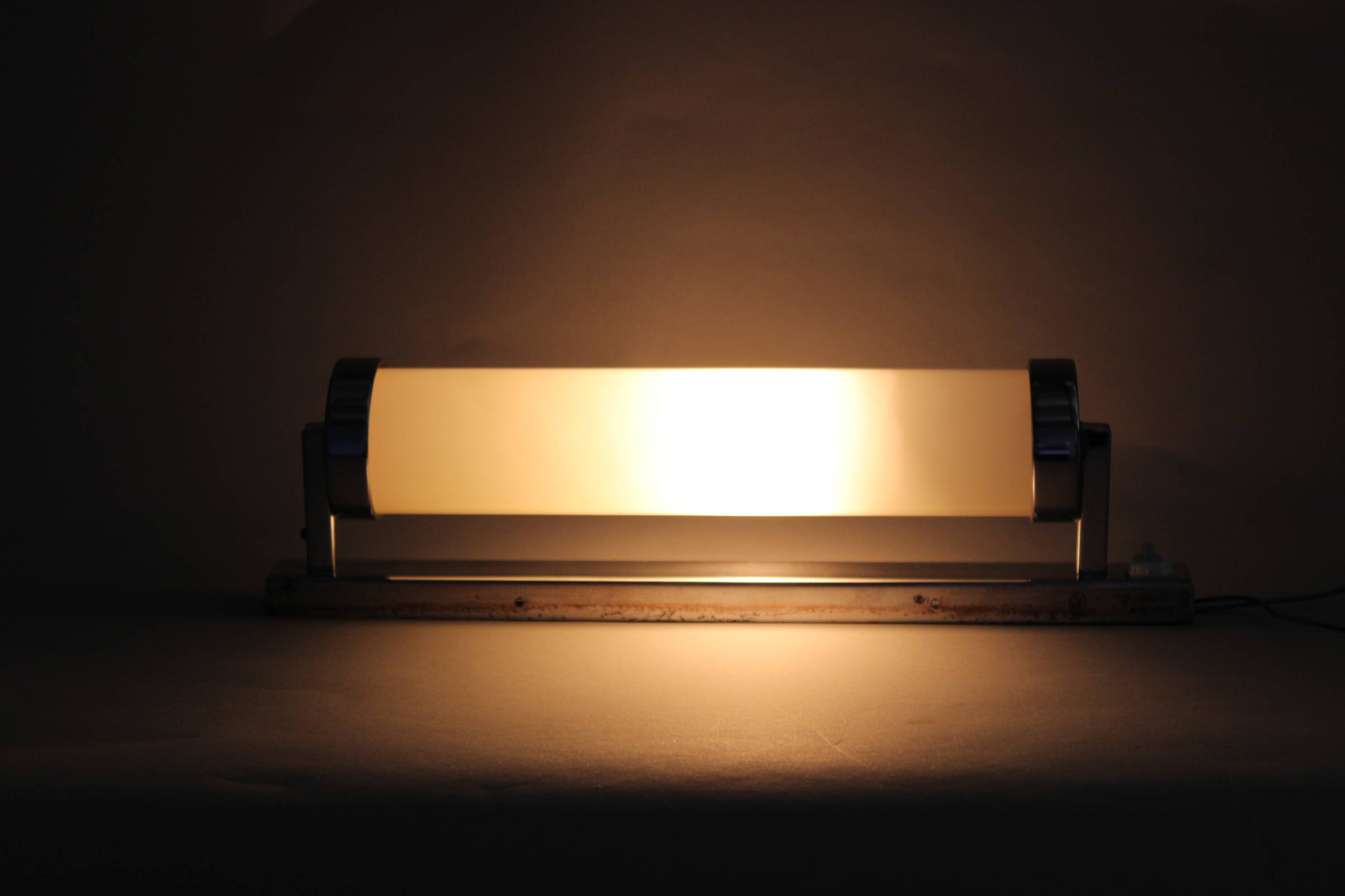 1930s Bauhaus tubular wall light, chrome & creamy glass, Czechoslovakia