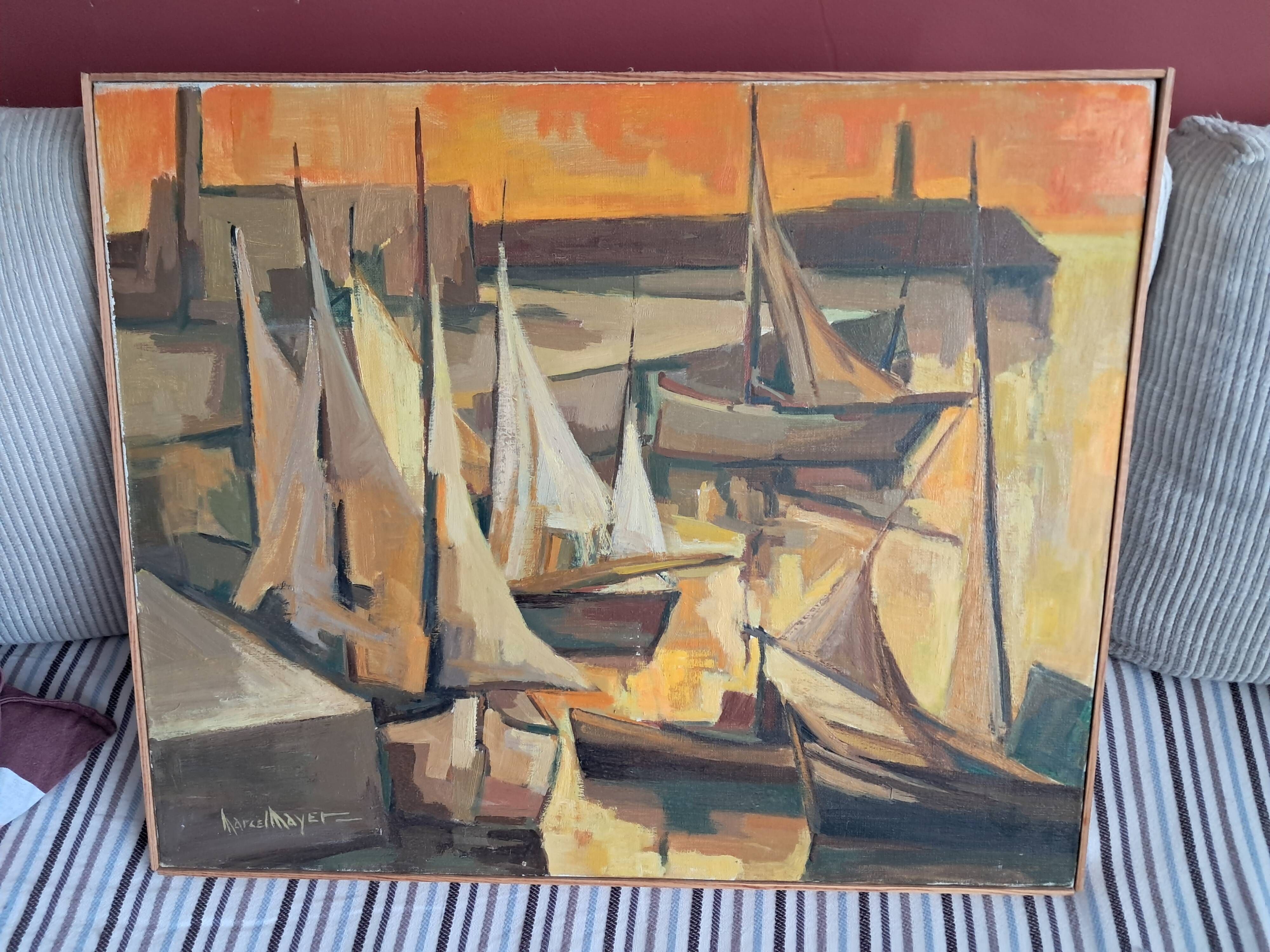 An old oil painting depicting a port, signed by the painter Marcel MAYER.