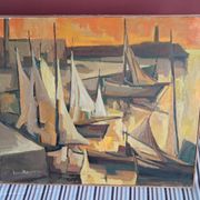 An old oil painting depicting a port, signed by the painter Marcel MAYER.