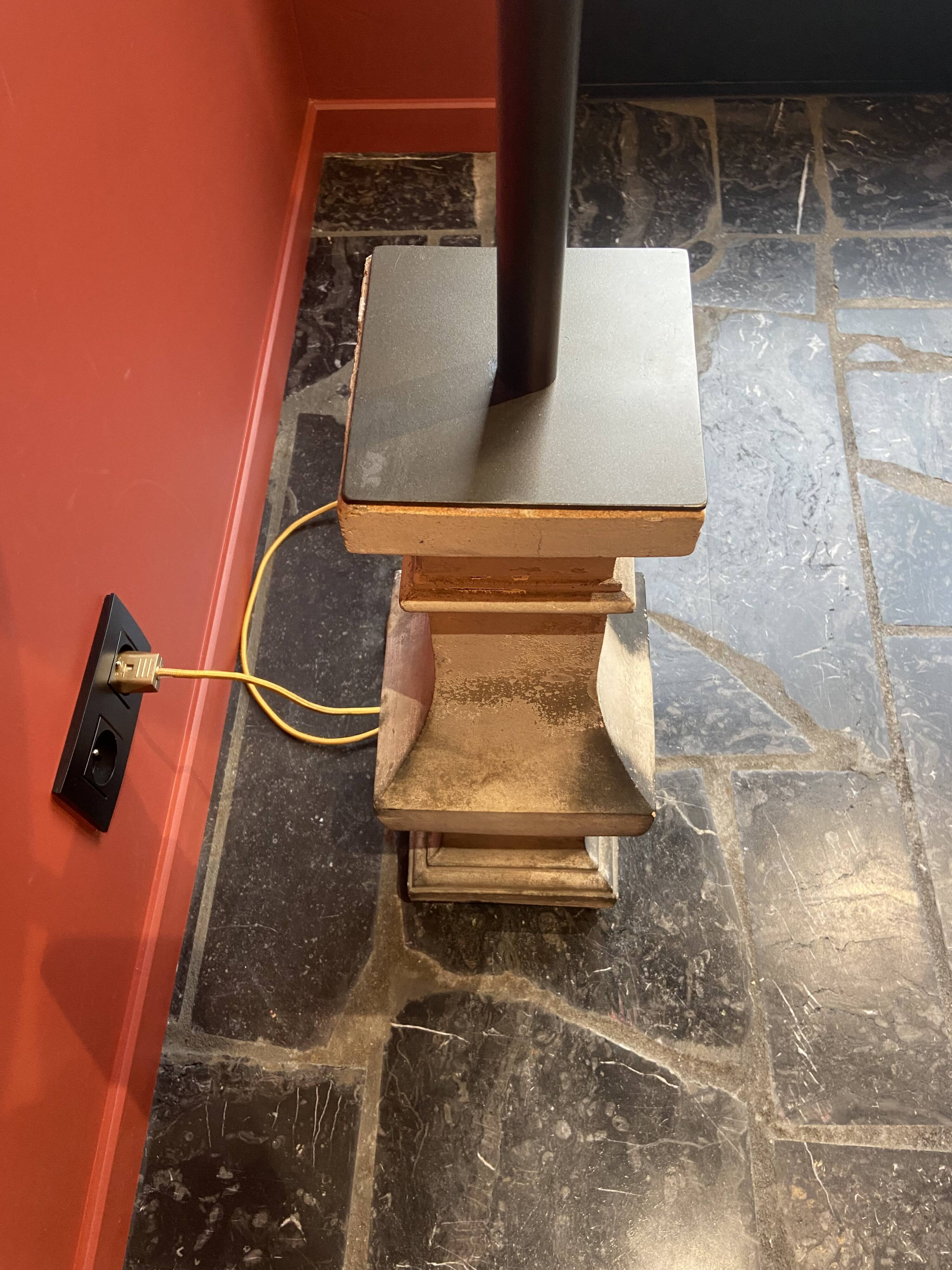 "Balustrade" lamp in terracotta, Ashoka silk shade, pistachio green.