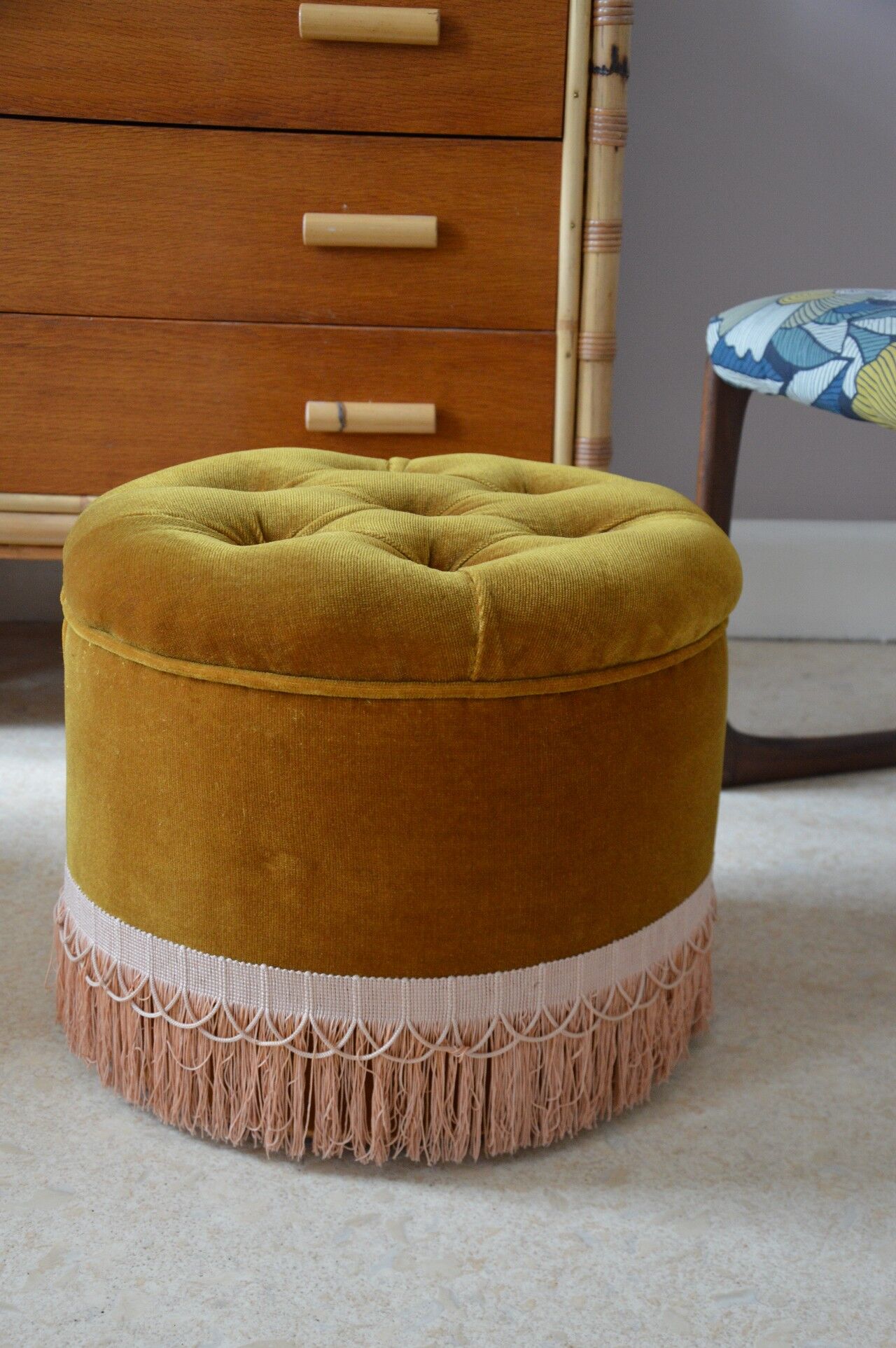 Ottoman in padded mustard velvet