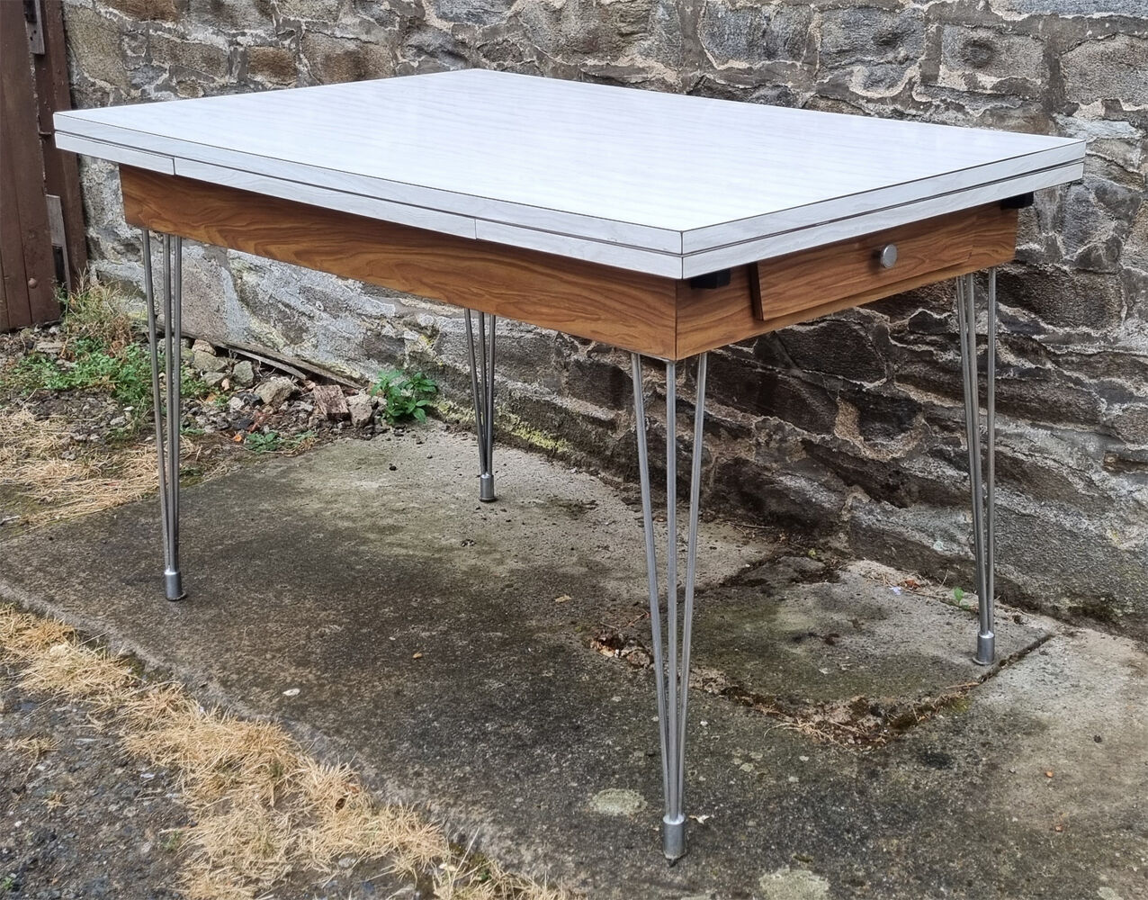 Set table chairs formica bicolor white and wood, feet eiffel, SIF, 70s, its 4 chairs