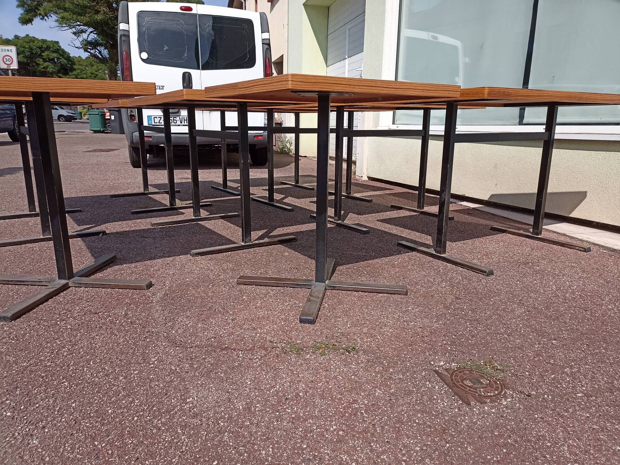 Set of 9 metal bistro table wood and formica