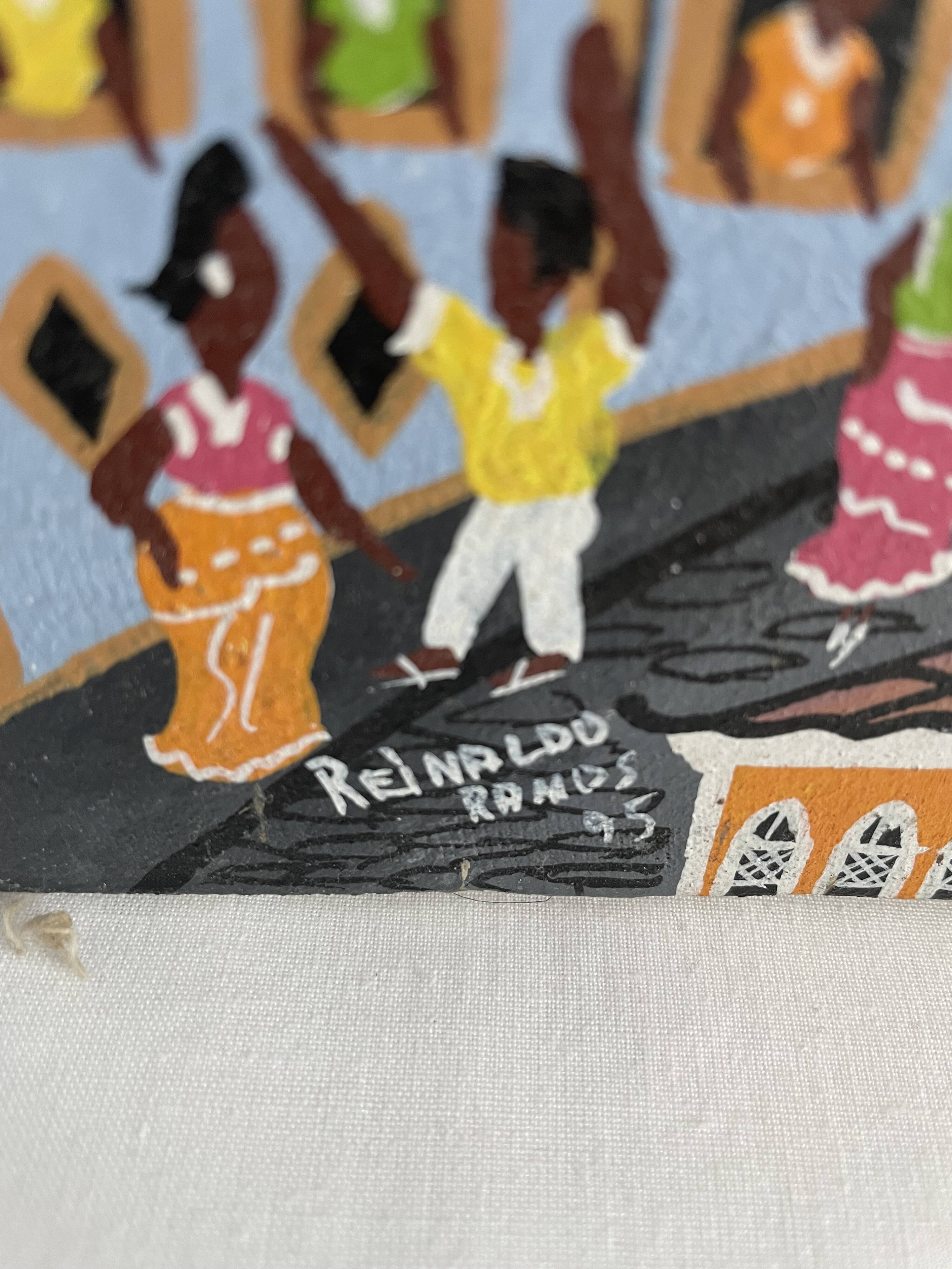 Acrylic painting, naive art, street scene Brazil, colorful colonial houses, sea, sailing boats