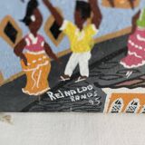 Acrylic painting, naive art, street scene Brazil, colorful colonial houses, sea, sailing boats