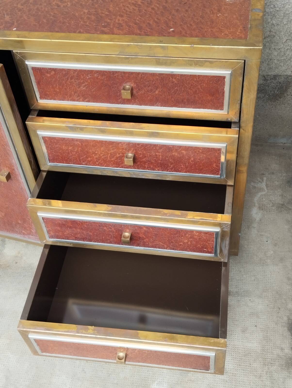 Sideboard shelf design 70 Michel Pignères amboyna burl chrome brass