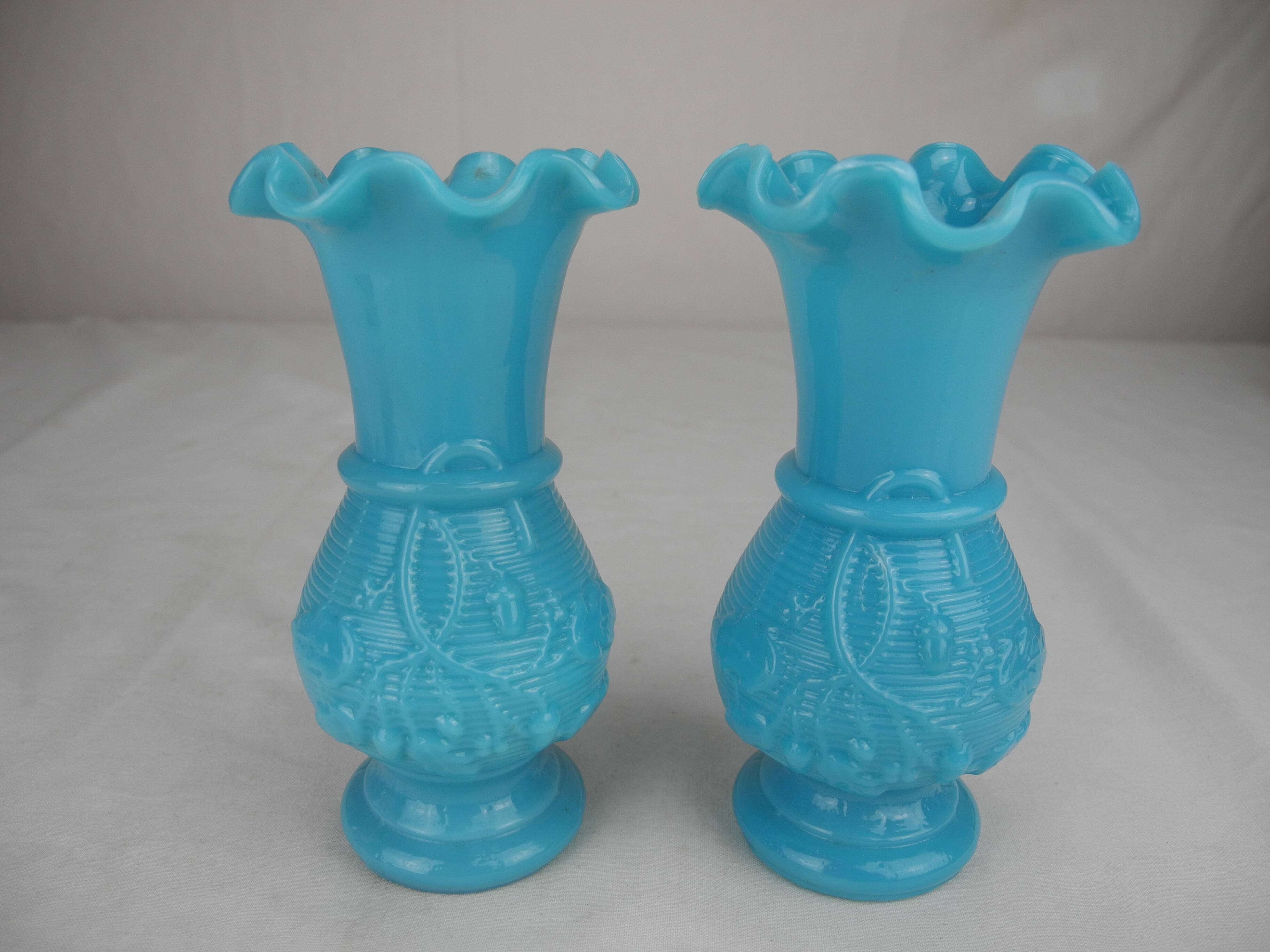 pair of small old blue opaline vases, shabby kitsch decor