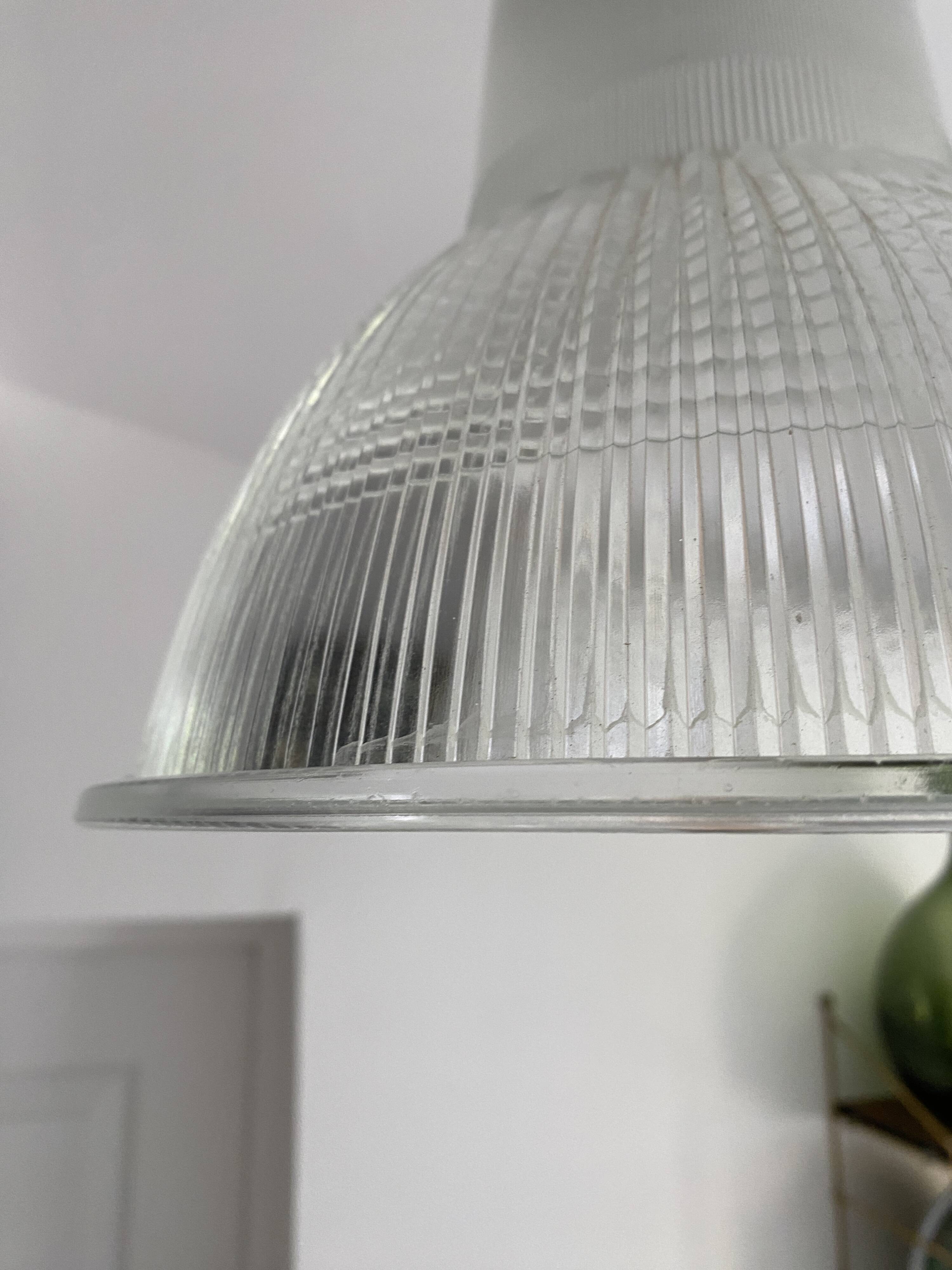 Vintage Holophane Suspension Chandelier from the 50s/60s, industrial style, transparent striated glass