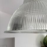 Vintage Holophane Suspension Chandelier from the 50s/60s, industrial style, transparent striated glass
