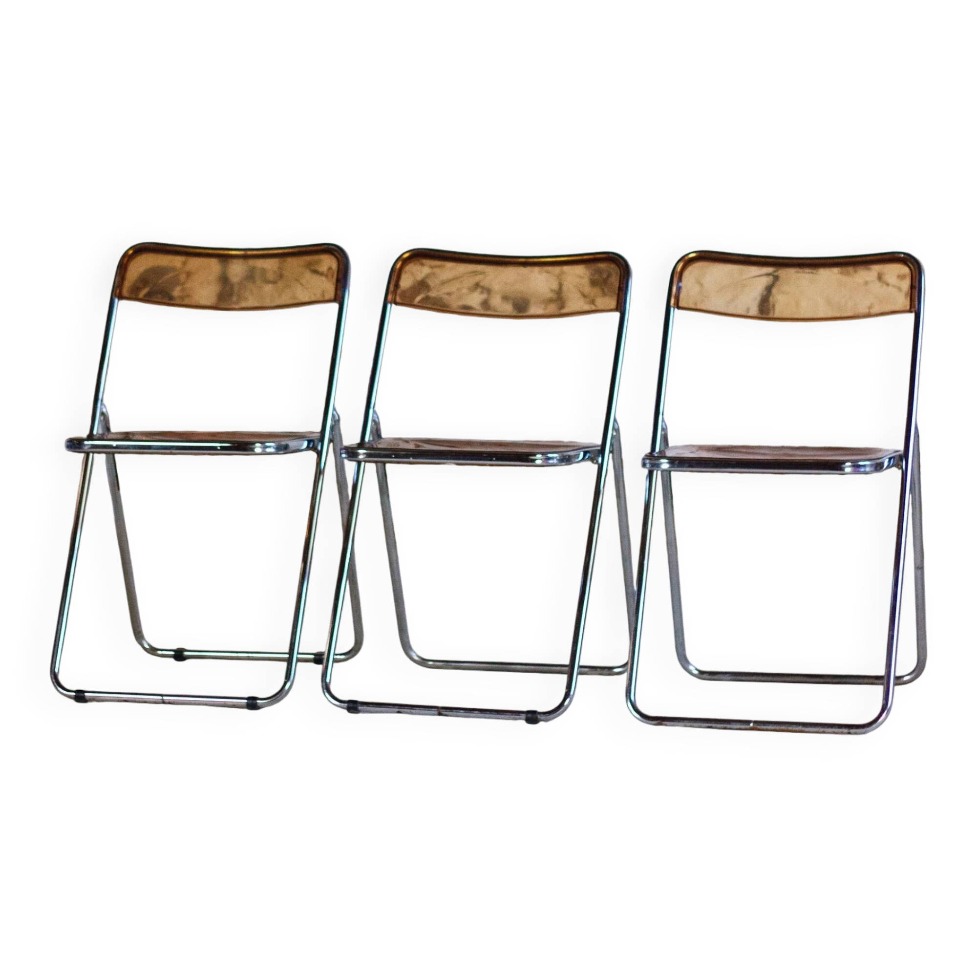 Set of 3 folding chairs in plexiglass and chrome, 1970.