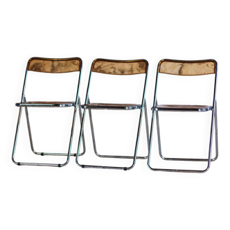 Set of 3 folding chairs in plexiglass and chrome, 1970.