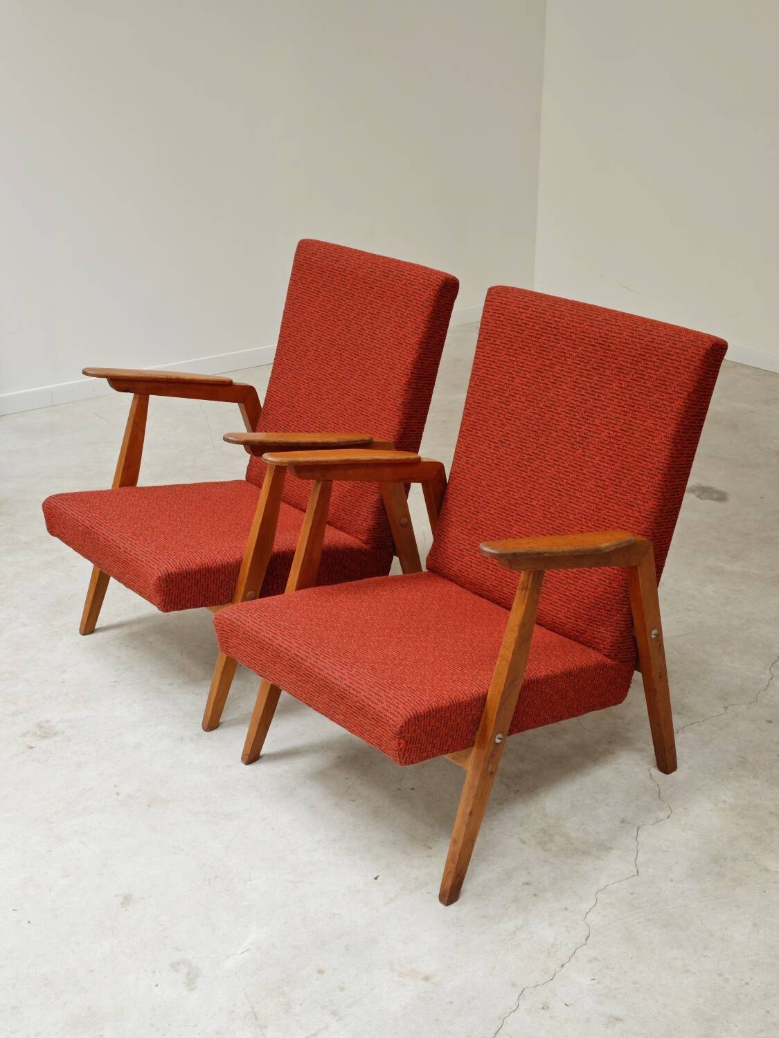 Pair of Uluv red Eastern Bloc armchairs, 1960s
