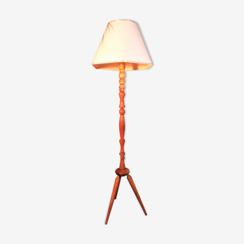 Lampadaire bois tourné tripode 1950s