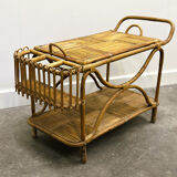 Rare large French Riviera rattan bar cart with bottle holder, 1960s