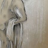 Signed charcoal pastel white portrait of a woman "the white towel"