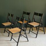 Set of 4 folding chairs in cannage and black wood 60s