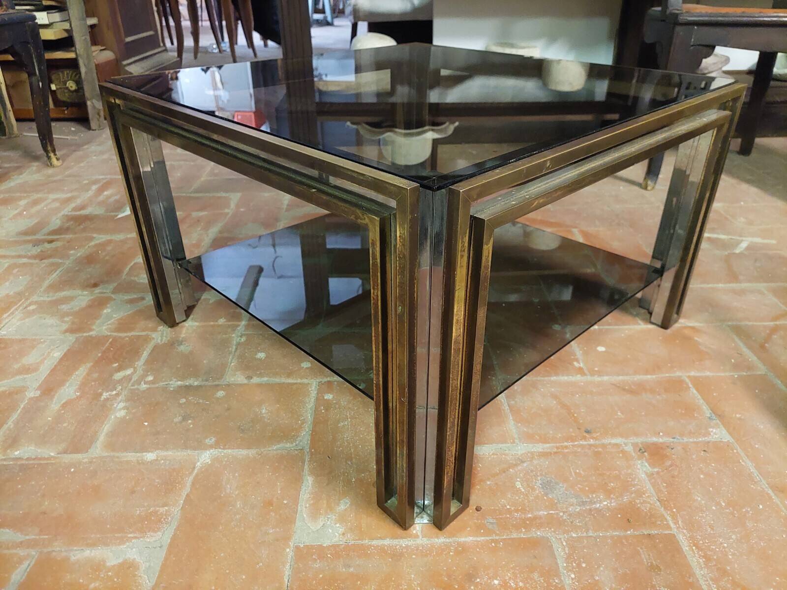 Smoked coffee table, brass, chromed metal, glass, 70s