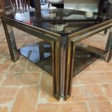 Smoked coffee table, brass, chromed metal, glass, 70s
