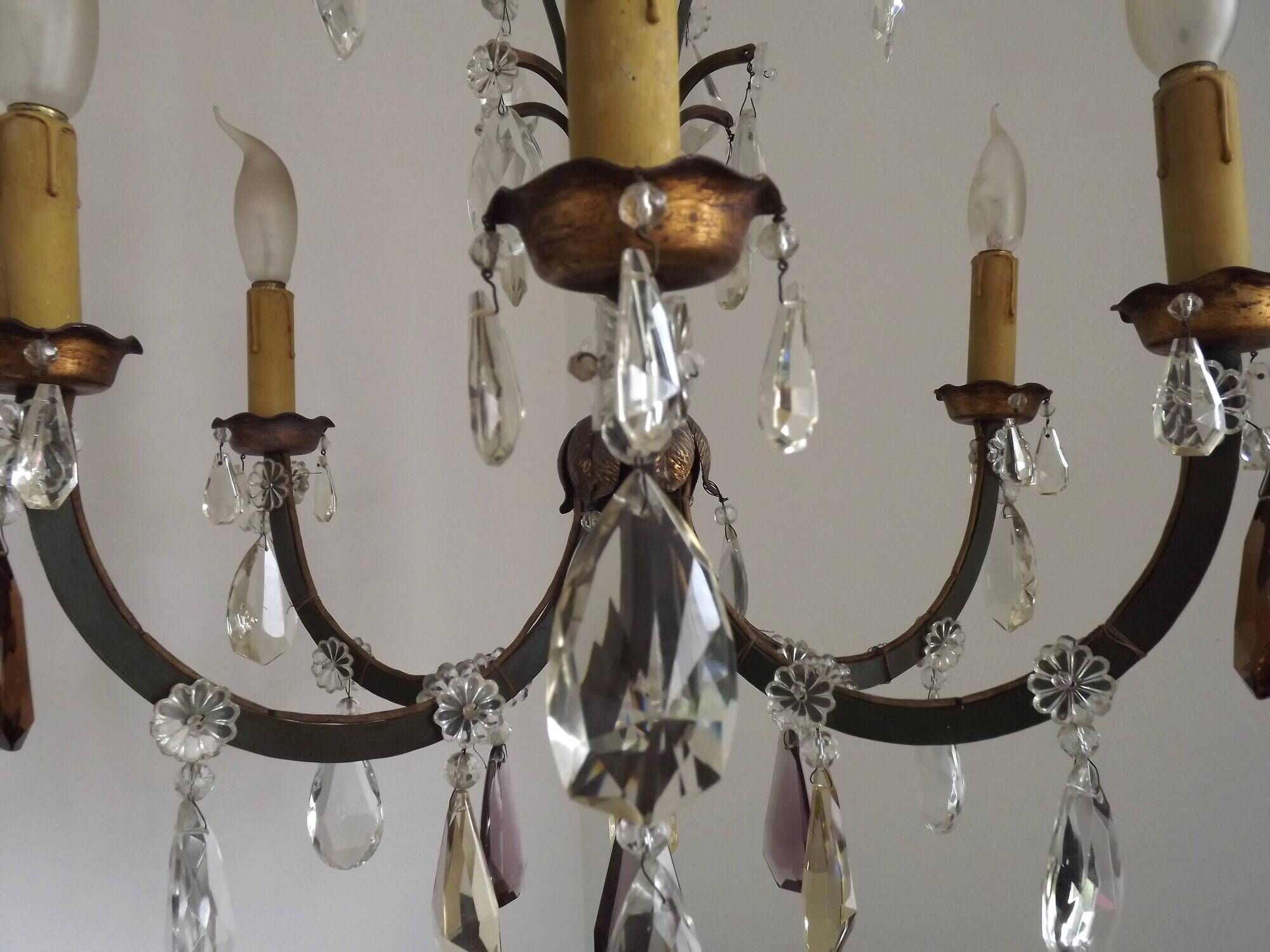 French Art Deco 6-Light Green Finish Bronze Crystal & Glass Chandelier 5343