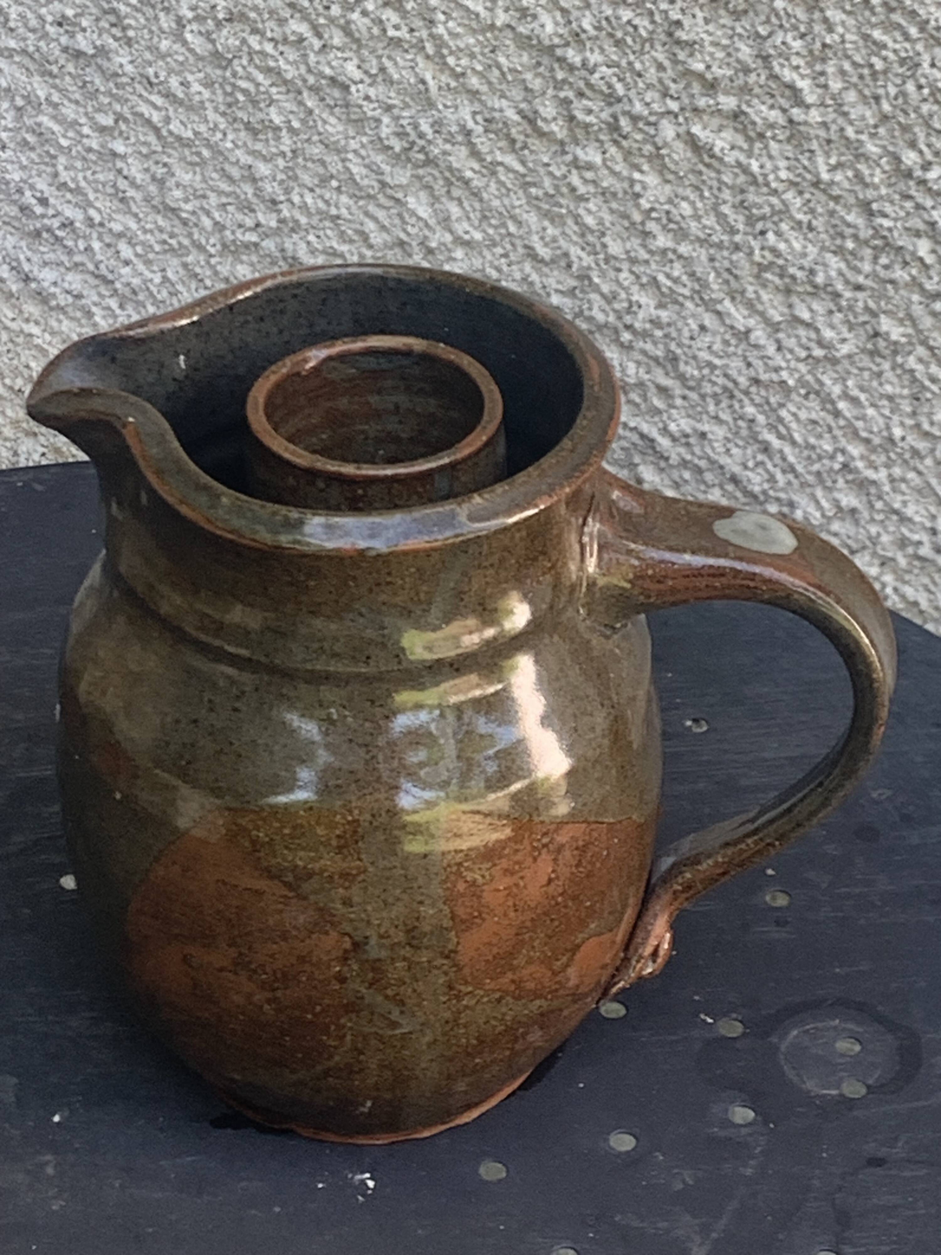 Pitcher, carafe, refreshing jug, ice cube jug, in brown glazed stoneware,