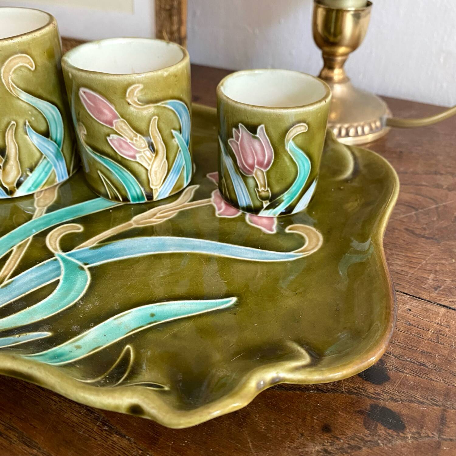 Antique Art Nouveau barbotine tobacco service