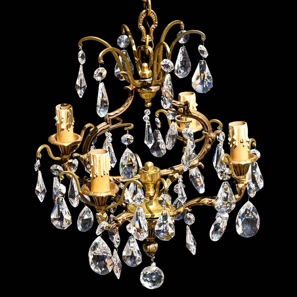 Chic chandelier with crystal tassels 4 lights gilded bronze H 69 cm vintage