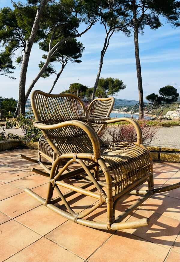 Paire de rocking-chairs en rotin années 70