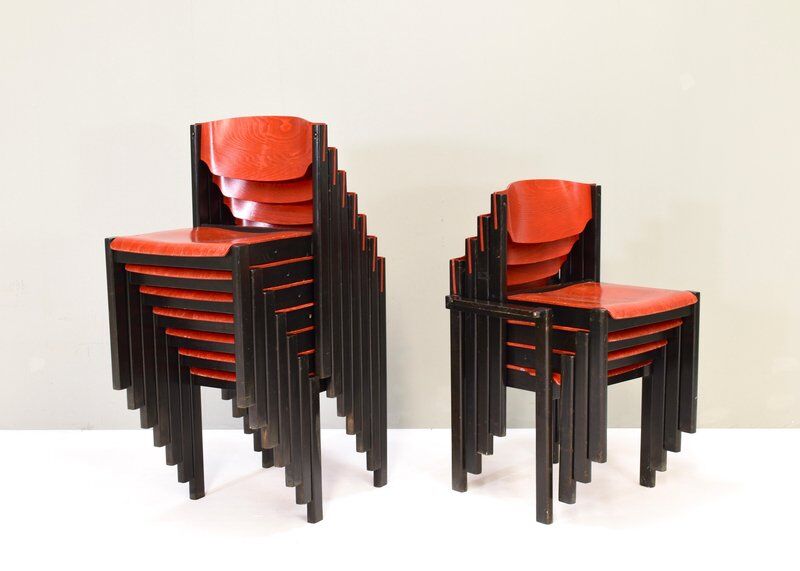 Italian postmodern stacking chairs in Sottsass style, Italy, 1970s, set of 14