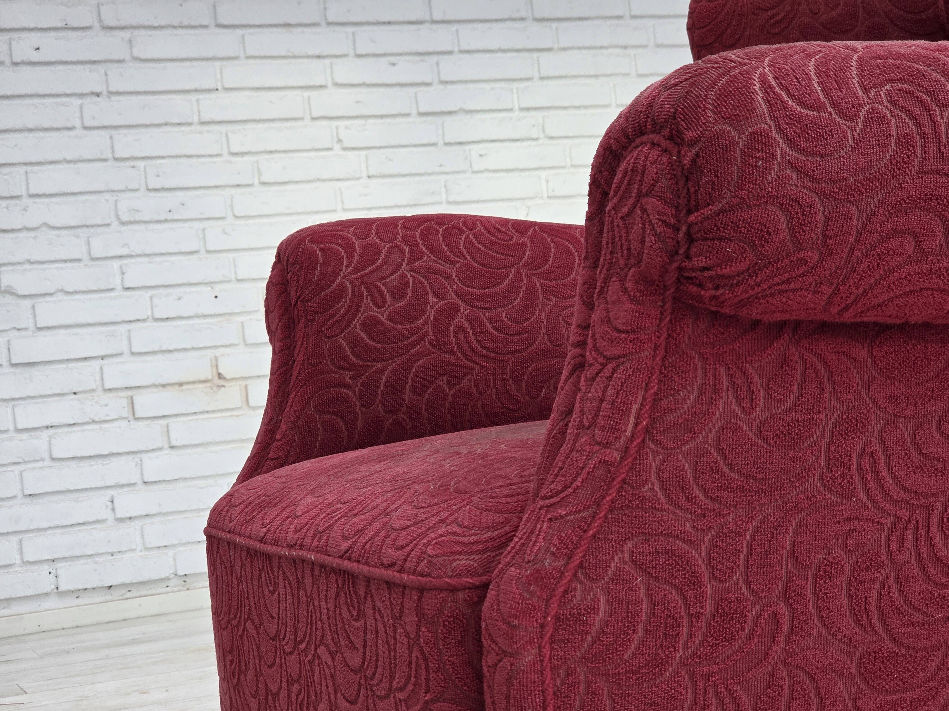 1950s, Danish relax armchair, red furniture fabric, ash wood legs.