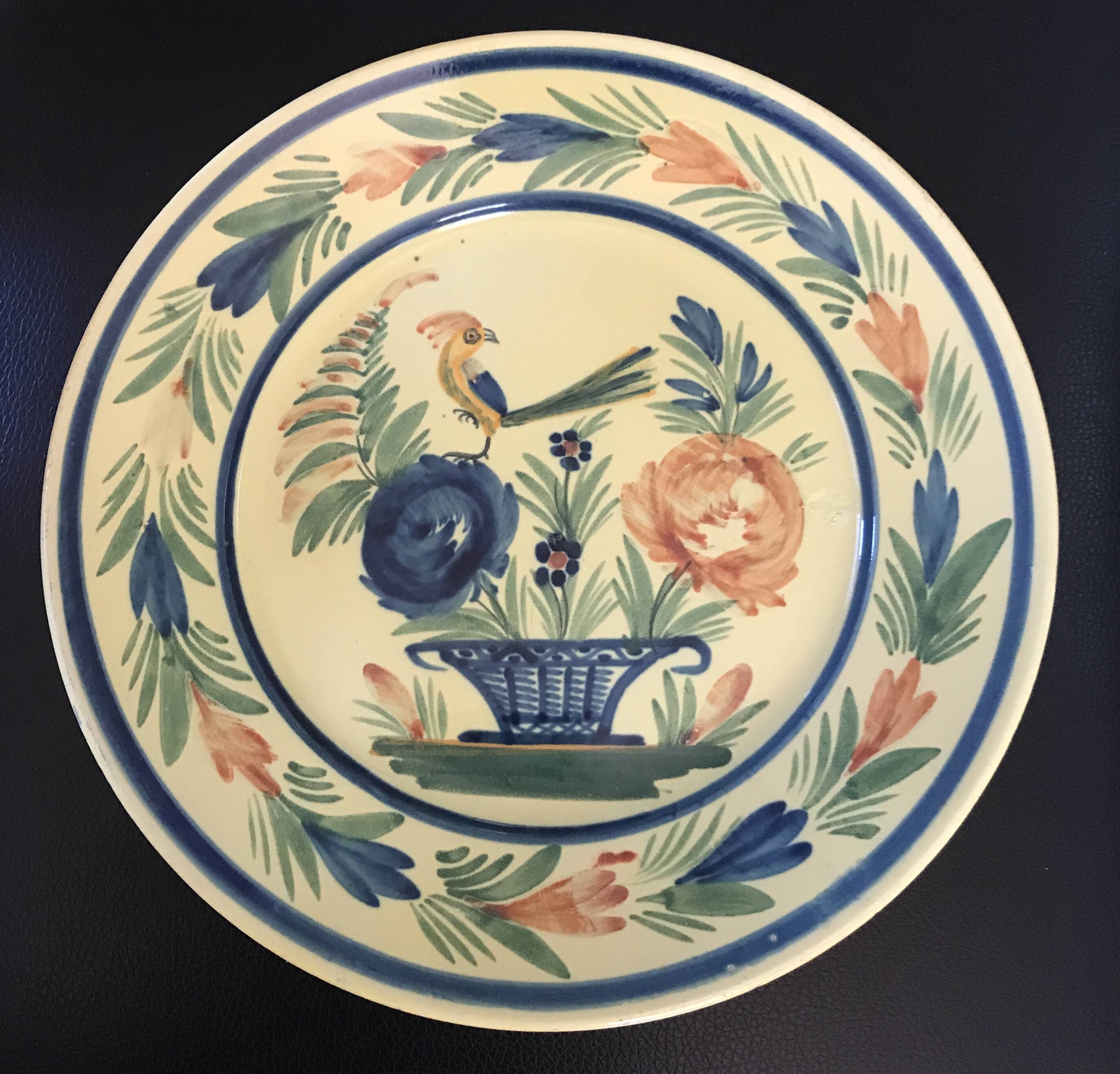 Antique earthenware plate hb henriot quimper floral and bird basket decor