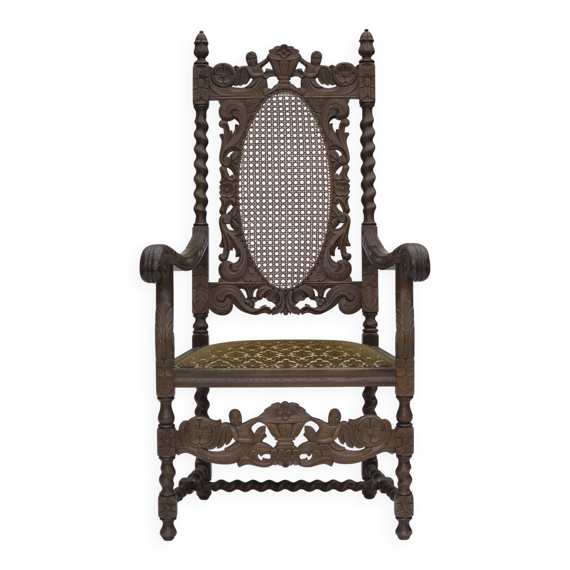 1930s, Danish highback armchair, furniture mesh, velour, carved oak wood.