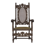 1930s, Danish highback armchair, furniture mesh, velour, carved oak wood.