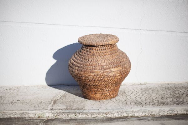 Panier ancien, bourgne paille et ronce, panier tressé avec couvercle, décoration intérieur, garde-ma