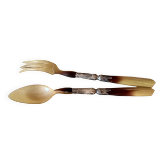 old salad servers in horn and silver-colored metal